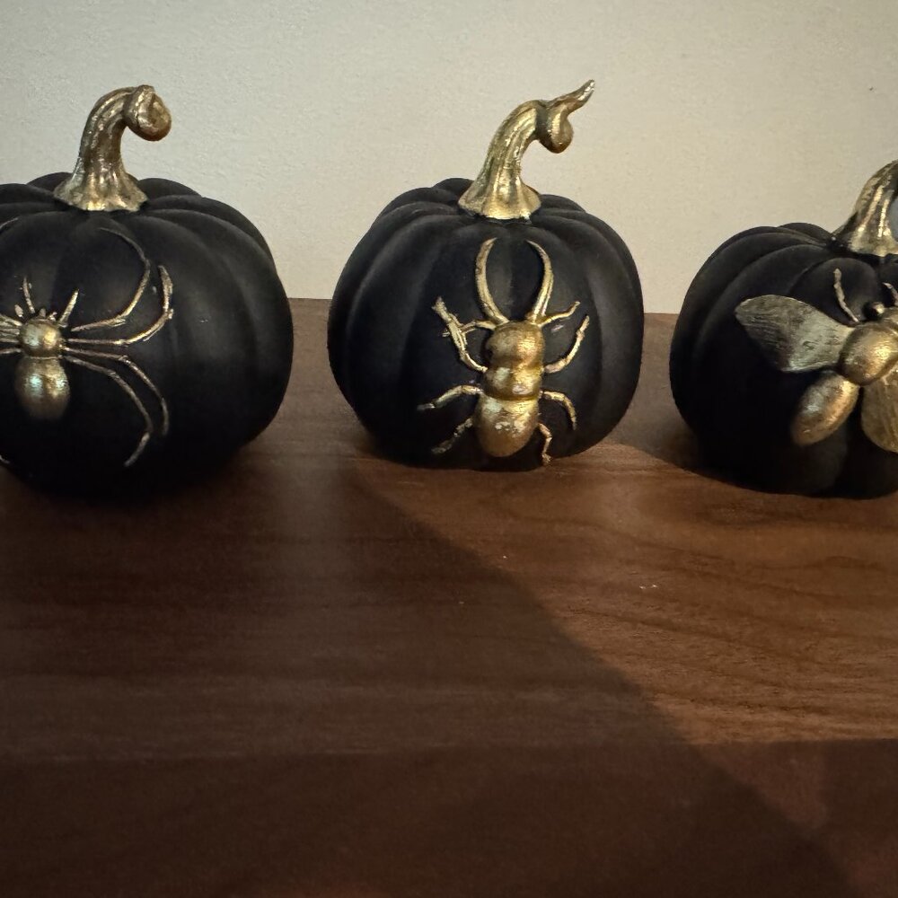 UNIQUE Set of 3 Christian Lacroix Gold Tone Insects on Black Pumpkins Brand New